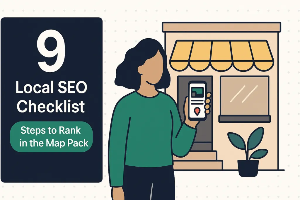 Woman using GPS navigation app outside storefront for local SEO checklist ranking guide.
