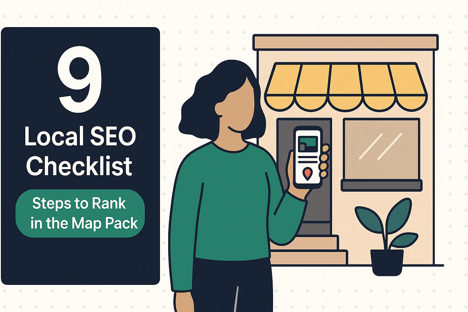 Woman using GPS navigation app outside storefront for local SEO checklist ranking guide.