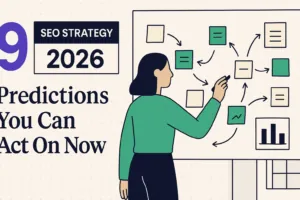 Woman planning SEO strategy 2026 with interconnected content and analytics workflow diagram.