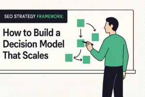 Man in green shirt pointing at flowchart diagram showing SEO strategy decision model process flow.